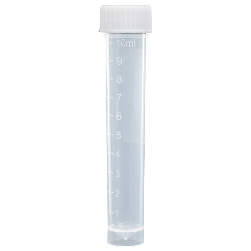 Globe Scientific Transport Tube, 10mL, with Attached White Screw Cap, PP, Conical Bottom, Self-Standing, Molded Graduations Image